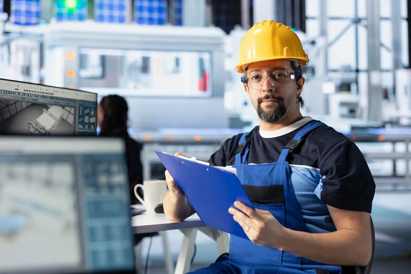 Retrato de un ingeniero en una fábrica fotovoltaica revisando documentación