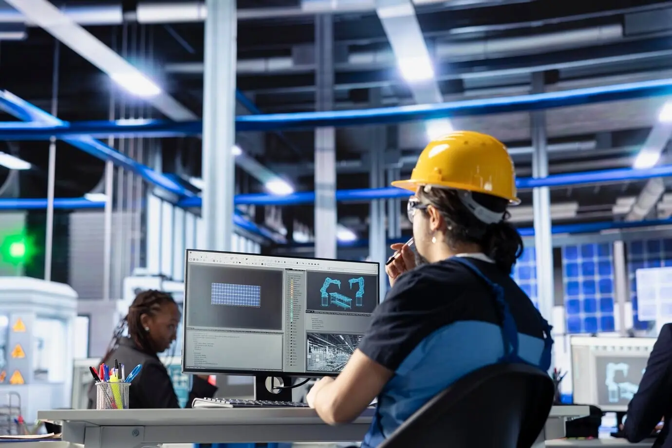 Supervisor técnico de una planta de paneles solares monitoreando el consumo de energía en tiempo real